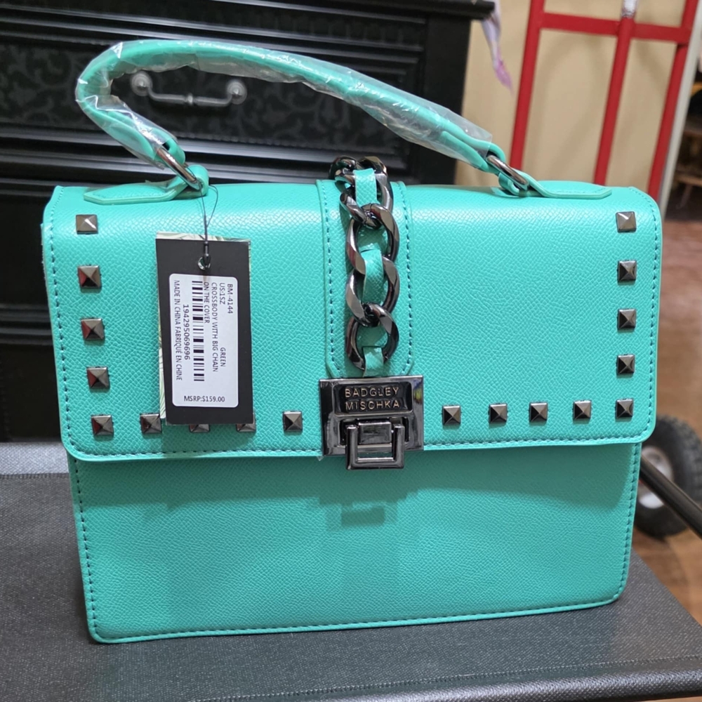 Badgley Mischka Green Crossbody Bag with Studded Details